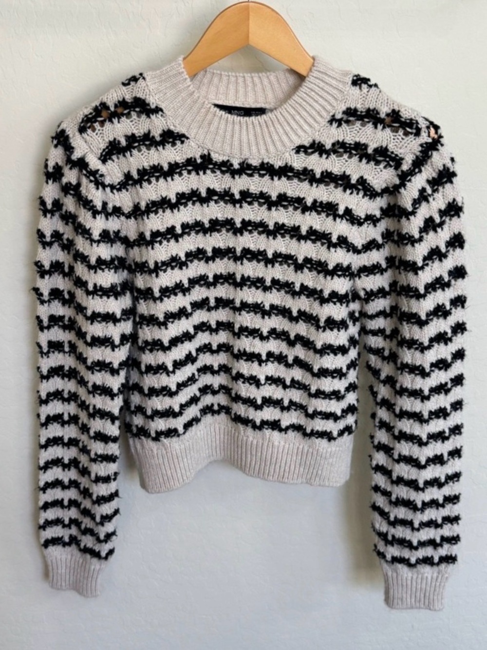 Mango Striped Cable-Knit Textured Cropped Sweater Black Ivory S